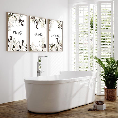 Bathroom Wall Art Black & White Set of 3 Prints