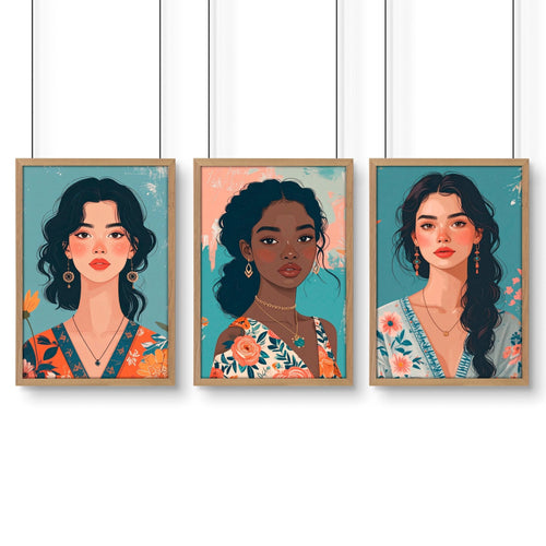 Artwork For Living Room Walls | Set of 3 Boho Women Wall art Prints
