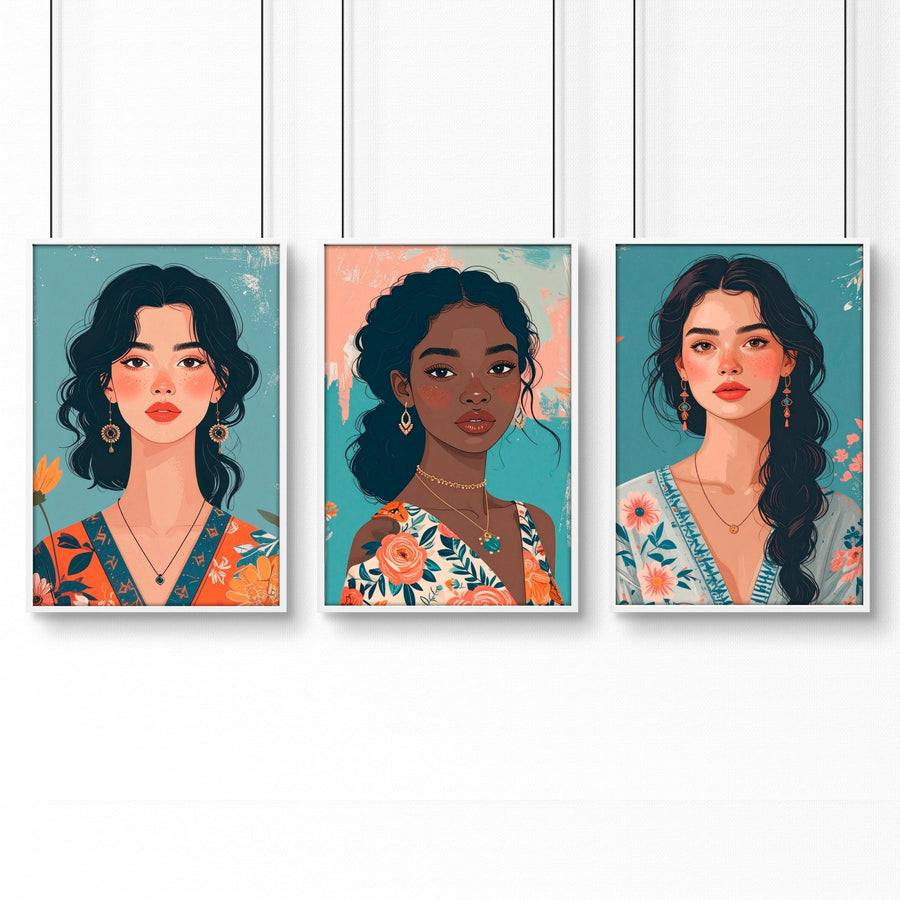 Artwork For Living Room Walls | Set of 3 Boho Women Wall art Prints