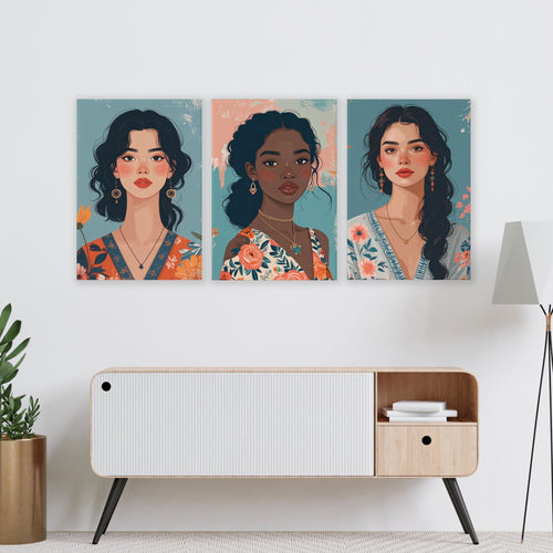 Artwork For Living Room Walls | Set of 3 Boho Women Wall art Prints