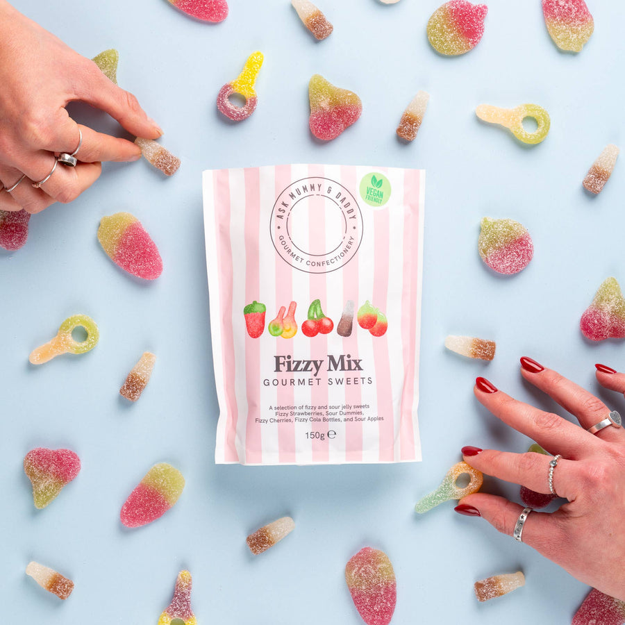 Ask Mummy & Daddy Fizzy Mix Pouch 150g – Mixed Fizzy & Sour Vegan Sweets