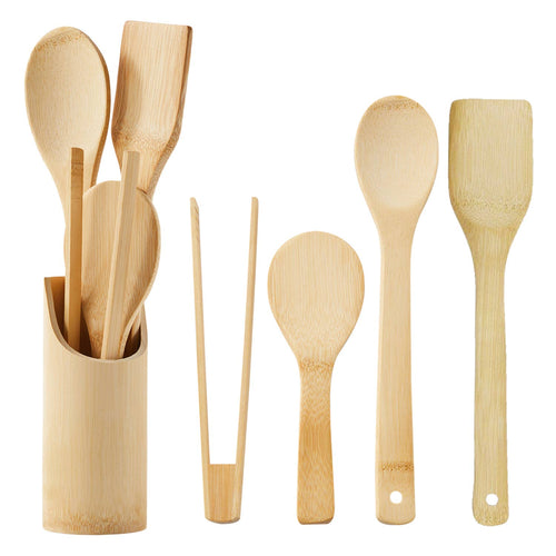 Bamboo Kitchen Utensils with Holder Set