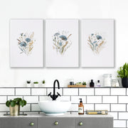 Bathroom Wall Art Blue | Set of 3 Botanical Wall art Prints