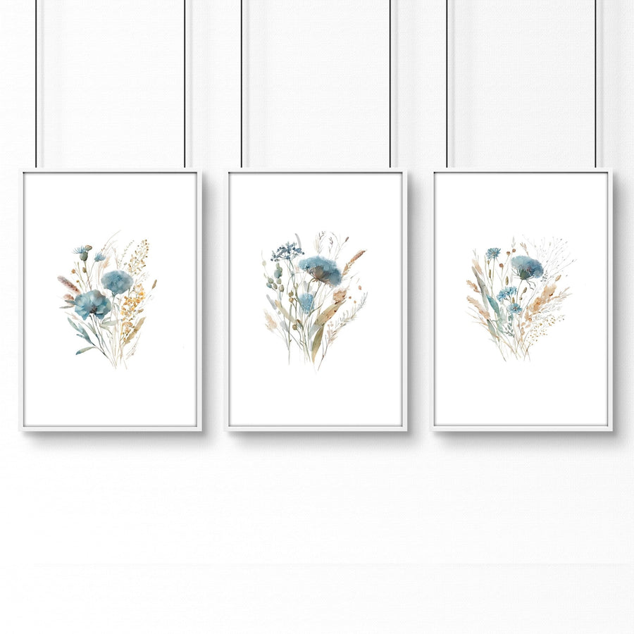 Bathroom Wall Art Blue | Set of 3 Botanical Wall art Prints