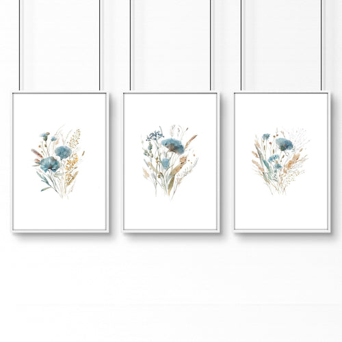 Bathroom Wall Art Blue | Set of 3 Botanical Wall art Prints