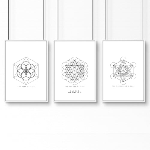 Bedrooms Black And White | Set of 3 Sacred Geometry Wall art Prints