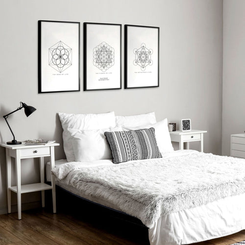 Bedrooms Black And White | Set of 3 Sacred Geometry Wall art Prints
