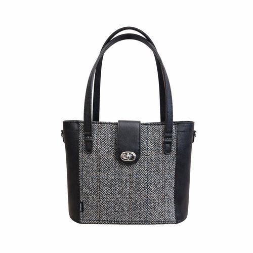 Tannery Tweed & Leather Mini Twist Lock Shopper Bag - Black