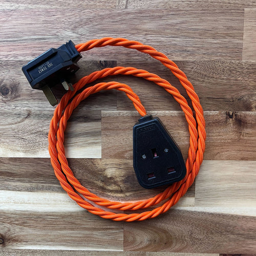 Orange / Pink / Red Braided Fabric Decorative Extension Lead - Black 1 Gang Trailing Socket