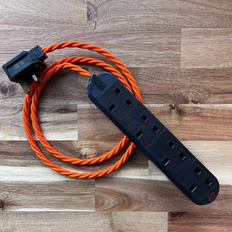 Orange / Pink / Red Braided Fabric Decorative Extension Lead - Black 4 Gang Trailing Socket
