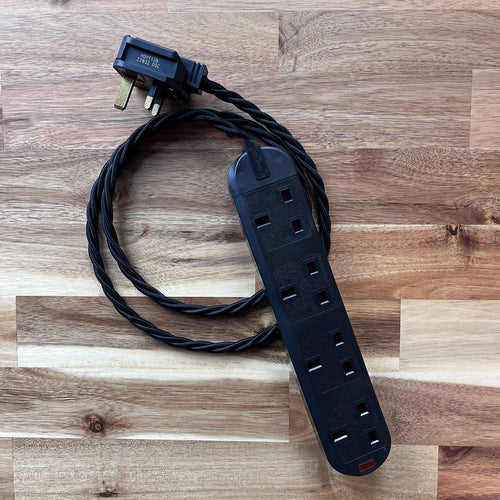 Black / Grey / White Braided Fabric Decorative Extension Lead - Black 4 Gang Trailing Socket