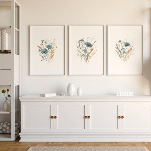 Blue Color Wall Art | Set of 3 Botanical Wall art Prints