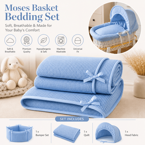 Blue Waffle Moses Basket Bedding Set (Basket Not Included!)