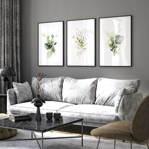 Botanical Wall Art Set of 3 | Sage Green & Gold Prints