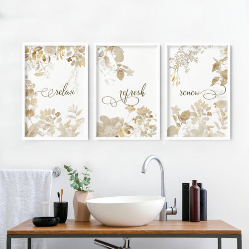 Gold Bathroom Wall Decor – Set of 3 Botanical Prints