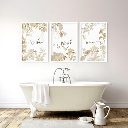Gold Bathroom Wall Decor – Set of 3 Botanical Prints
