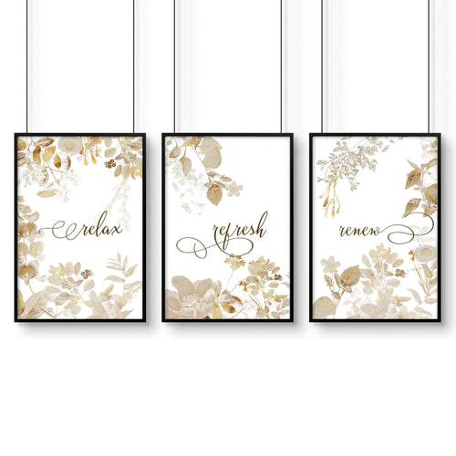 Gold Bathroom Wall Decor – Set of 3 Botanical Prints