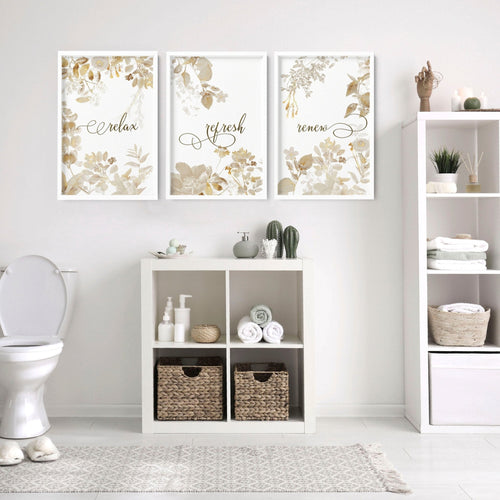 Gold Bathroom Wall Decor – Set of 3 Botanical Prints