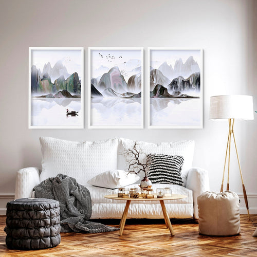 Framed Art Work | Calming Set of 3 Living Room Prints