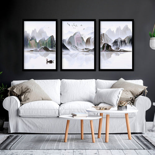 Framed Art Work | Calming Set of 3 Living Room Prints