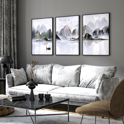 Framed Art Work | Calming Set of 3 Living Room Prints