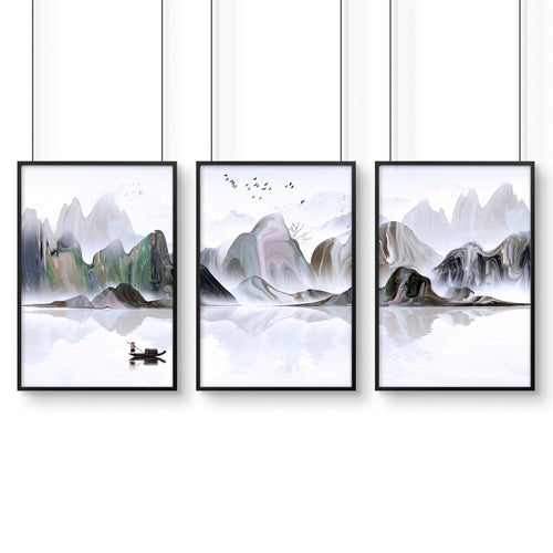 Framed Art Work | Calming Set of 3 Living Room Prints
