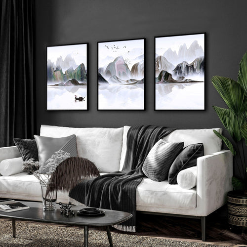 Framed Art Work | Calming Set of 3 Living Room Prints