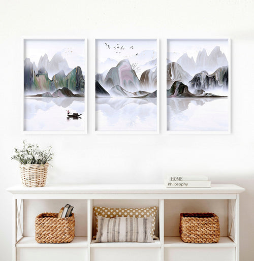 Framed Art Work | Calming Set of 3 Living Room Prints