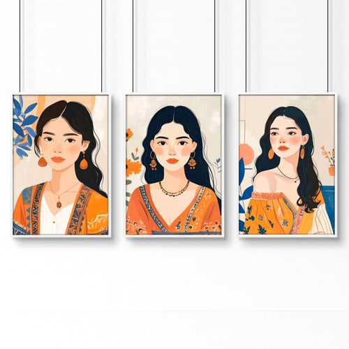 Canvas Bedroom Art | Set of 3 Boho Women Wall art Prints