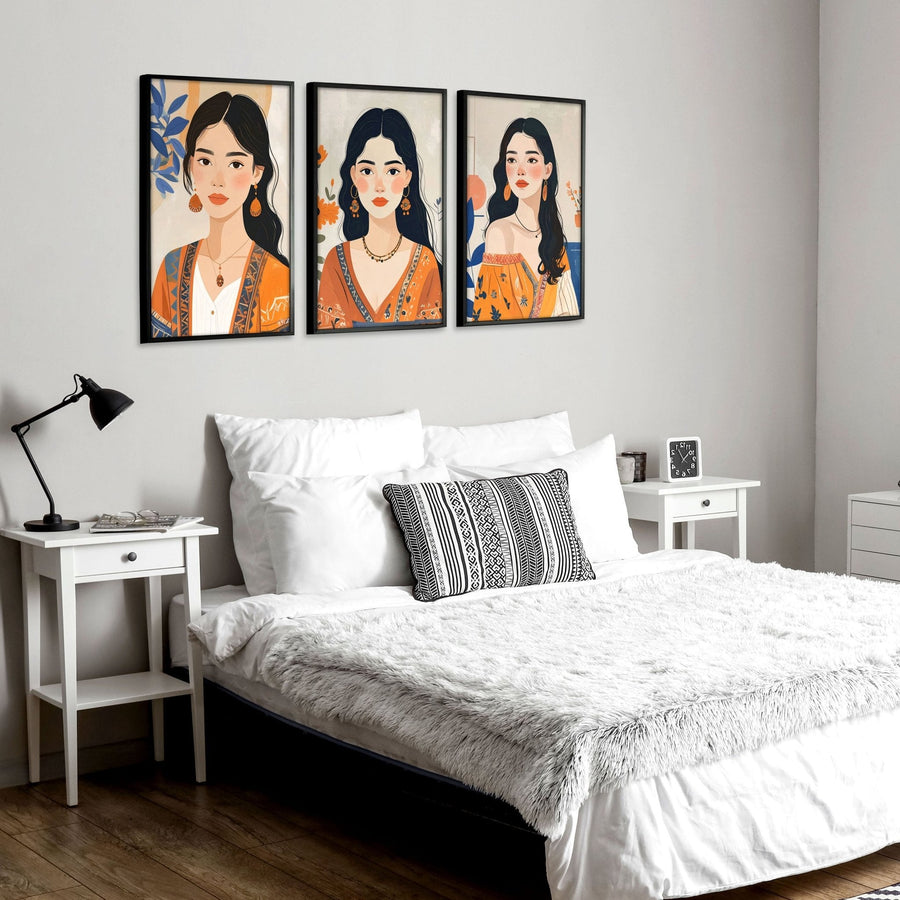 Canvas Bedroom Art | Set of 3 Boho Women Wall art Prints