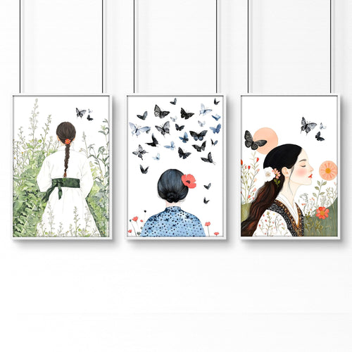 Canvas Pictures For Living Room | Set of 3 Boho Women Wall art Prints