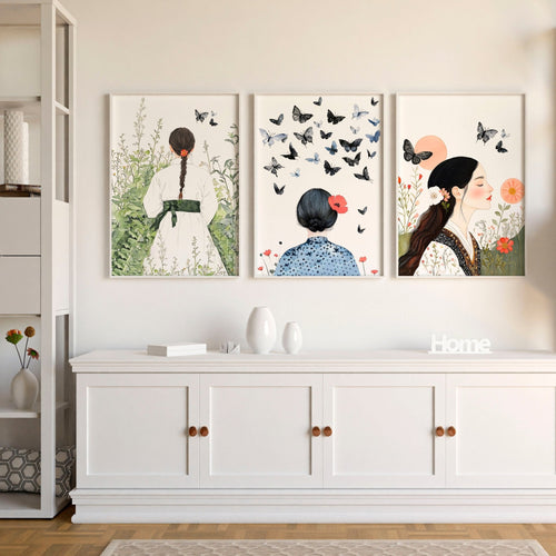 Canvas Pictures For Living Room | Set of 3 Boho Women Wall art Prints