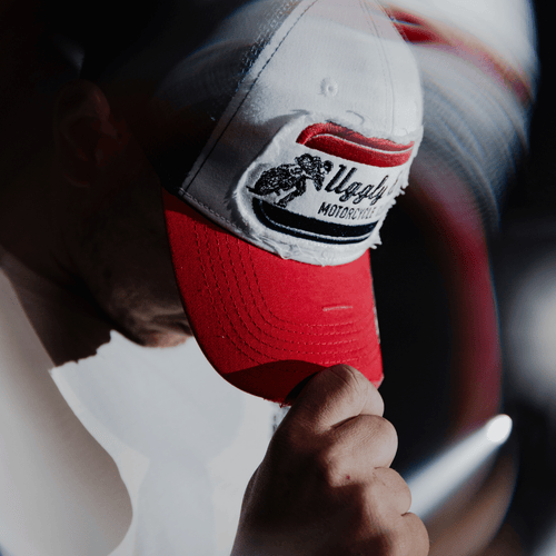 White & Red Flat Track Trucker Hat