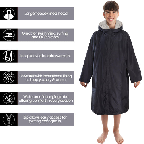 Heatwave Thermalwear Changing Robe Kids Unisex Hooded Coat Black Grey Windproof Warm Brushed Winter Base Layer
