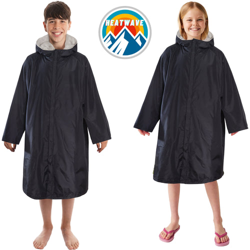 Heatwave Thermalwear Changing Robe Kids Unisex Hooded Coat Black Grey Windproof Warm Brushed Winter Base Layer