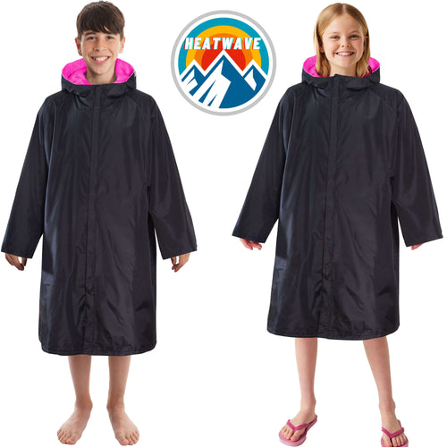 Heatwave Thermalwear Changing Robe Kids Unisex Hooded Coat Black Pink Windproof Winter Warm Brushed Base Layer