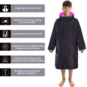 Heatwave Thermalwear Changing Robe Kids Unisex Hooded Coat Black Pink Windproof Winter Warm Brushed Base Layer