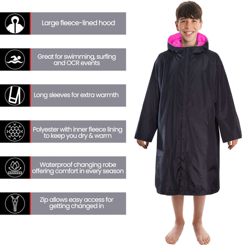 Heatwave Thermalwear Changing Robe Kids Unisex Hooded Coat Black Pink Windproof Winter Warm Brushed Base Layer