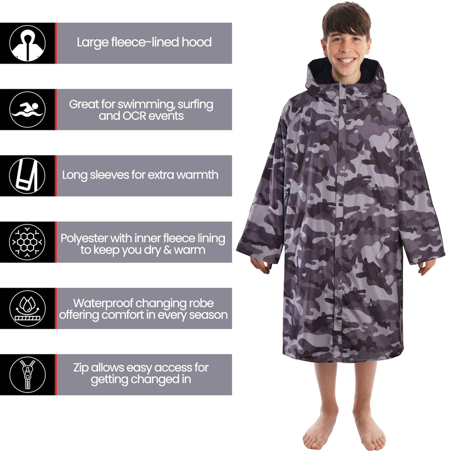 Heatwave Thermalwear Changing Robe Kids Unisex Hooded Coat Camouflage Black Windproof