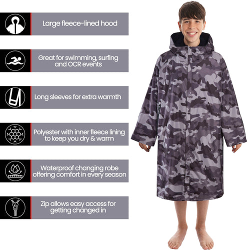 Heatwave Thermalwear Changing Robe Kids Unisex Hooded Coat Camouflage Black Windproof
