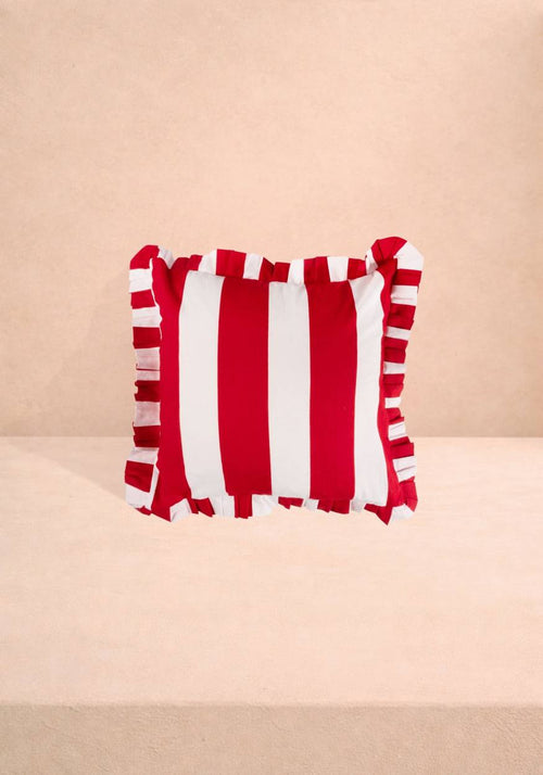 Red Cabana Stripe Ruffled Cushion Cover