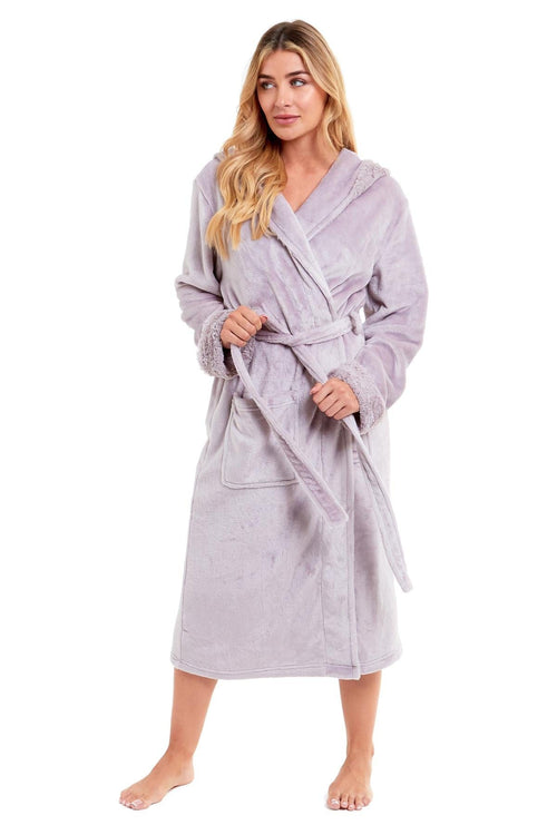 OLIVIA ROCCO Womens Faux Fur Hooded Bathrobe Plush Fleece Ultra-Absorbent Dressing Gown