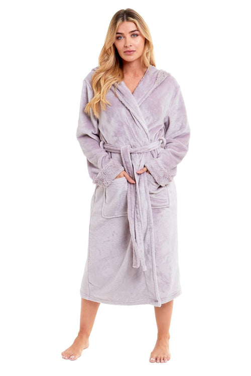 OLIVIA ROCCO Womens Faux Fur Hooded Bathrobe Plush Fleece Ultra-Absorbent Dressing Gown