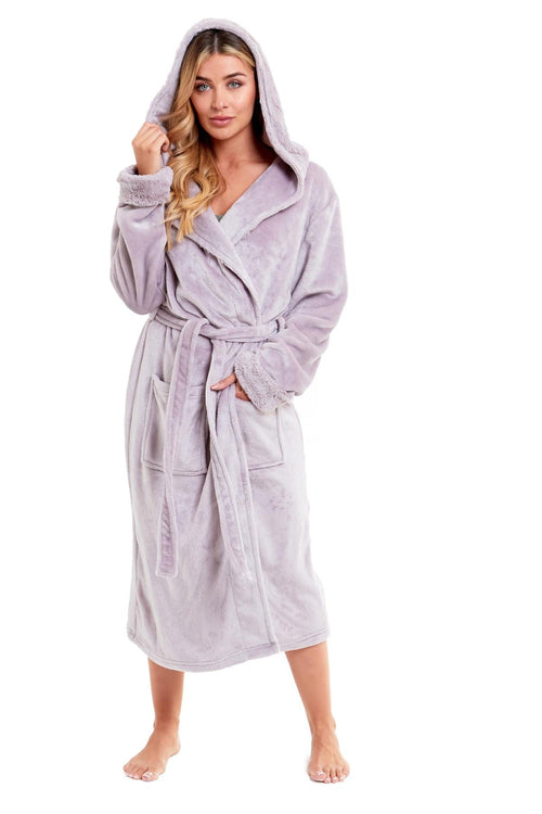 OLIVIA ROCCO Womens Faux Fur Hooded Bathrobe Plush Fleece Ultra-Absorbent Dressing Gown