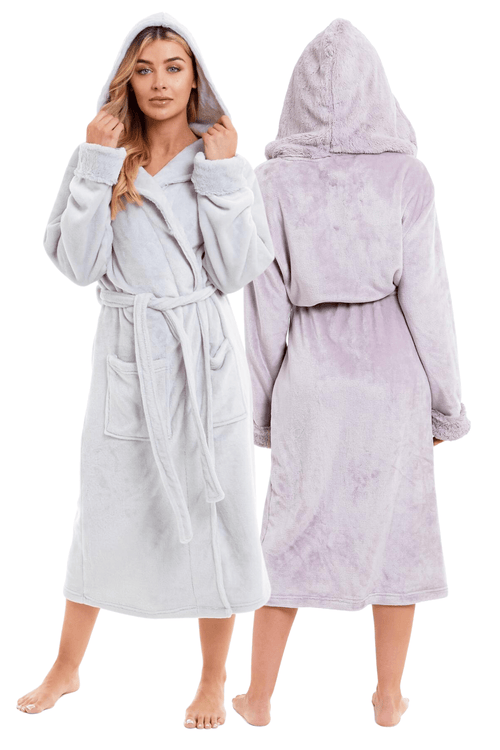 OLIVIA ROCCO Womens Faux Fur Hooded Bathrobe Plush Fleece Ultra-Absorbent Dressing Gown