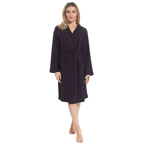 OLIVIA ROCCO Women's Hooded Waffle Cotton Bathrobe Black 100% Cotton Absorbent Spa