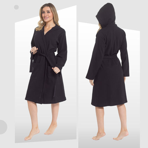 OLIVIA ROCCO Women's Hooded Waffle Cotton Bathrobe Black 100% Cotton Absorbent Spa