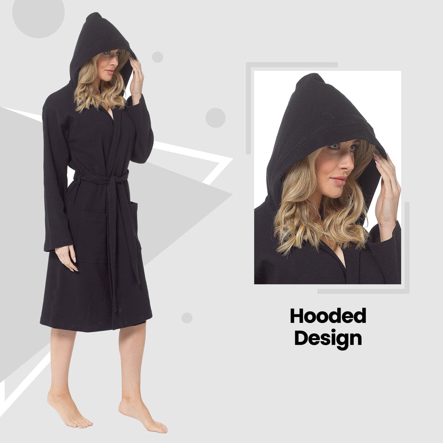 OLIVIA ROCCO Women's Hooded Waffle Cotton Bathrobe Black 100% Cotton Absorbent Spa
