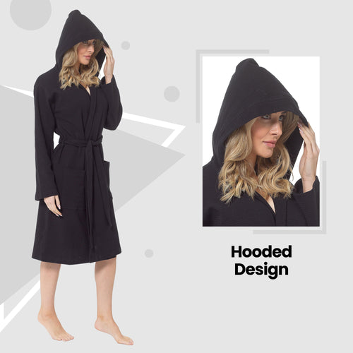 OLIVIA ROCCO Women's Hooded Waffle Cotton Bathrobe Black 100% Cotton Absorbent Spa