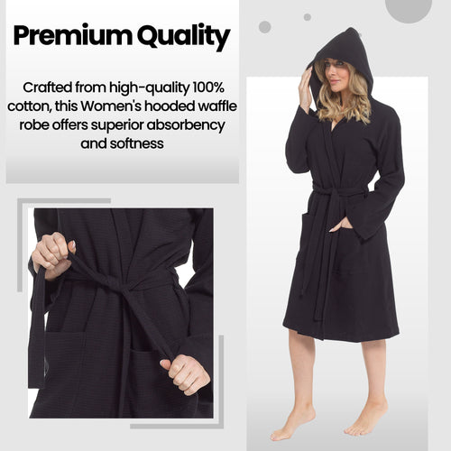 OLIVIA ROCCO Women's Hooded Waffle Cotton Bathrobe Black 100% Cotton Absorbent Spa